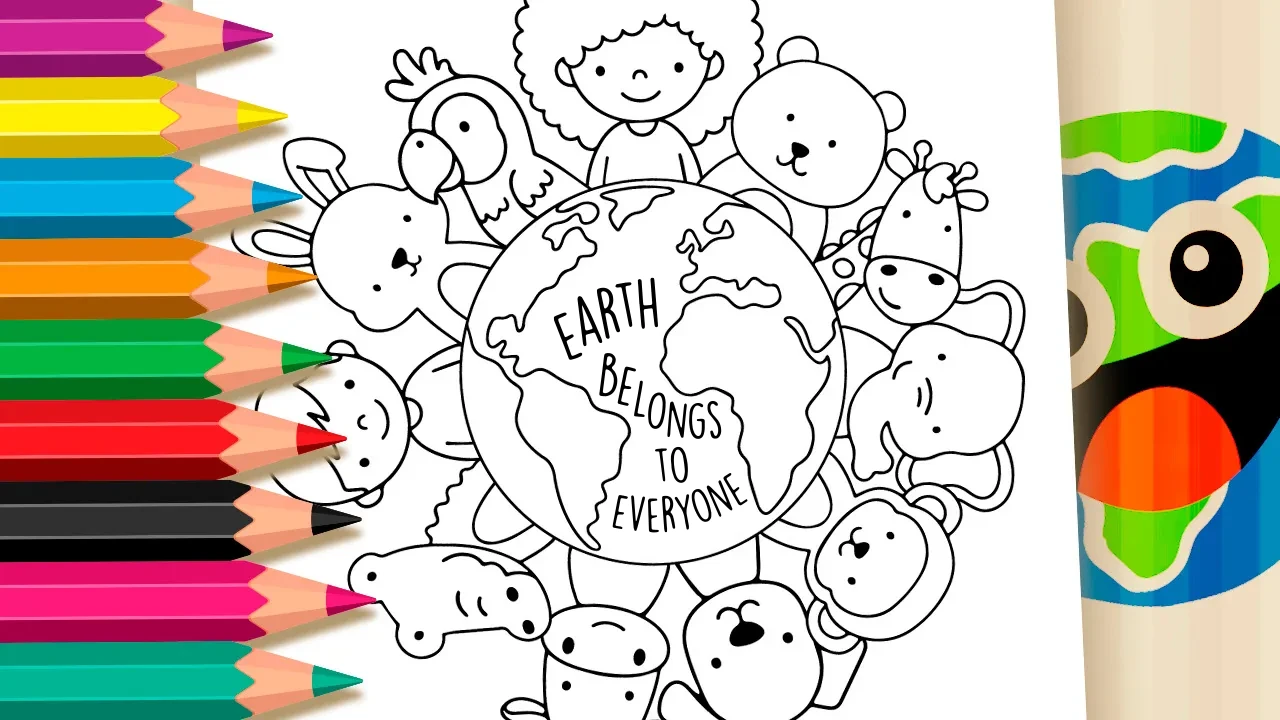 Earth belongs to everyone nature theme coloring page with children, animals, and globe black and white outline