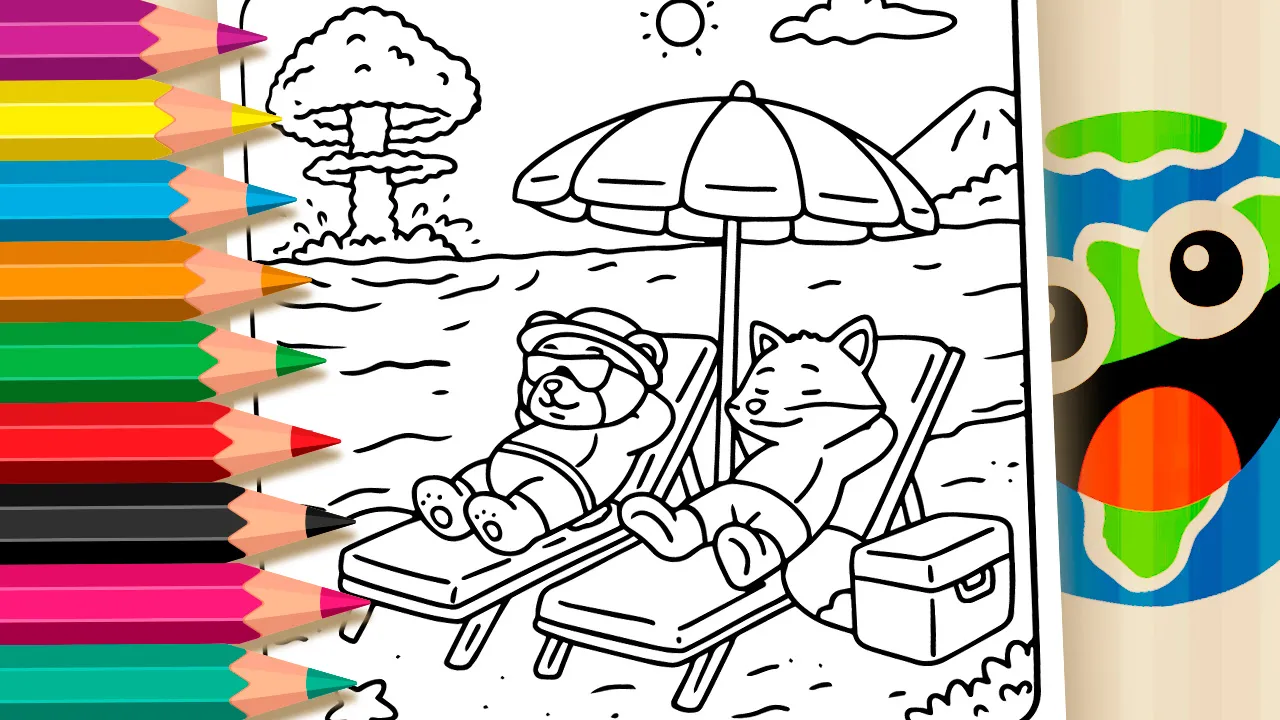 Event Horizon at the Beach coloring page with bear and fox relaxing under umbrella and mushroom cloud explosion outline