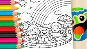 Coloring page Family Pool Day Theme Coloring Page