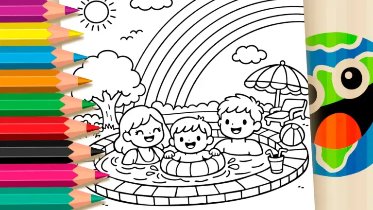Family Pool Day Theme Coloring Page - Cute & Kawaii Coloring Pages Online