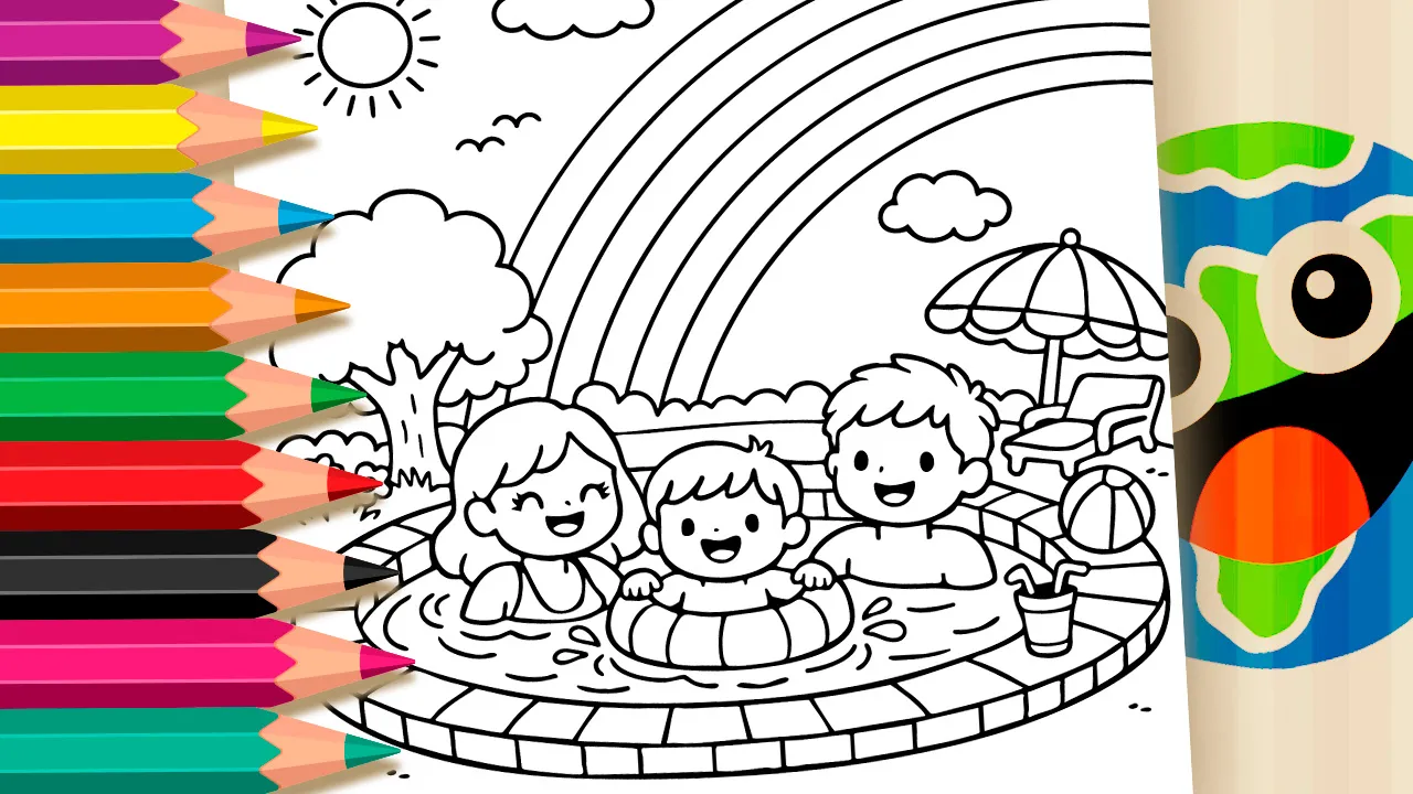 Family enjoying a sunny day at the pool coloring page black and white outline with rainbow and sun
