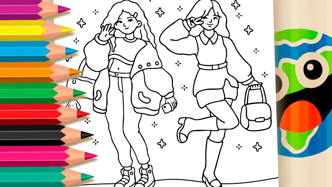 Fashion friends posing in stylish outfits coloring page black and white outline with details for coloring