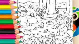 Coloring page Bobbie Goods Feeding the Ducklings Coloring Page: Fun Nature Theme
