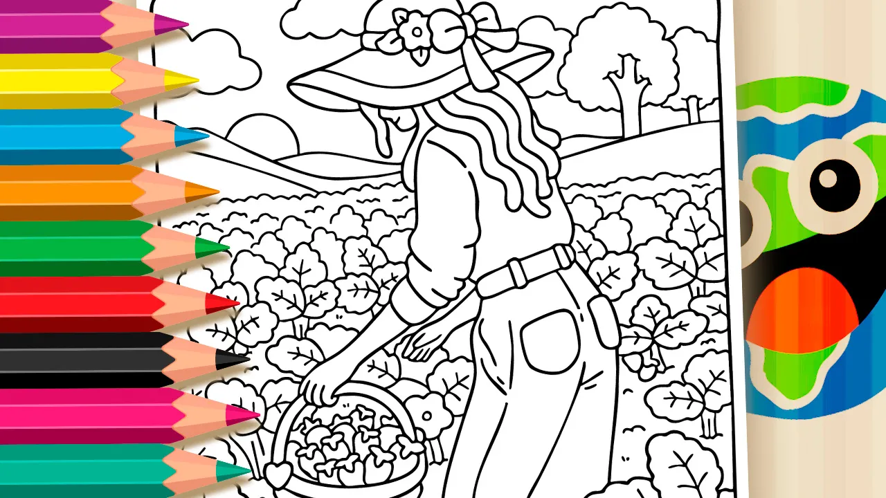 Girl harvesting fresh vegetables coloring page black and white outline with basket, wide-brimmed hat and nature background