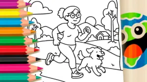 Coloring page Girl Running with Dog Coloring Page: Fun Outdoors Theme for Kids