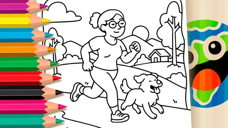 Girl Running with Dog Coloring Page: Fun Outdoors Theme for Kids - Nature & Landscape Coloring Pages