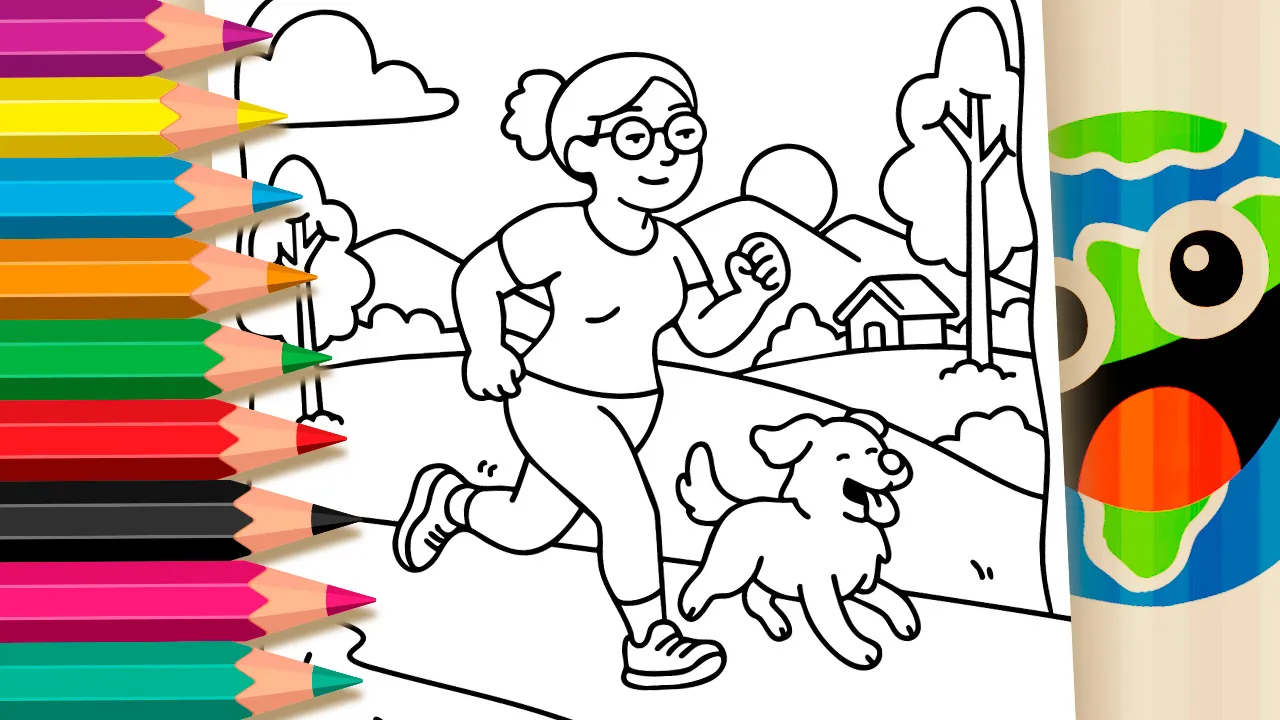 Girl running with her dog coloring page black and white outline showing a cheerful outdoor scene with trees, mountains, and a sunset