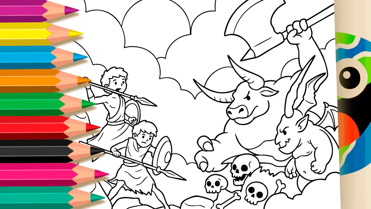 God of War epic battle coloring page featuring Spartan warriors and mythological creatures in black and white outline