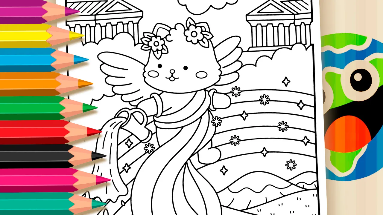 Greek Mythology Aquarius coloring page featuring a cute angel-winged kitten holding an ancient water jar with magical flowing water surrounded by stars and Greek temples in the background black and white line art