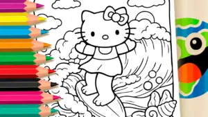 Coloring page Hello Kitty Surfer Coloring Page: Color Online or Print in High Quality