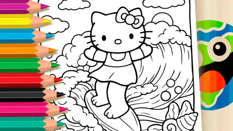 Hello Kitty Surfer Coloring Page: Color Online or Print in High Quality - Famous Characters Coloring Pages