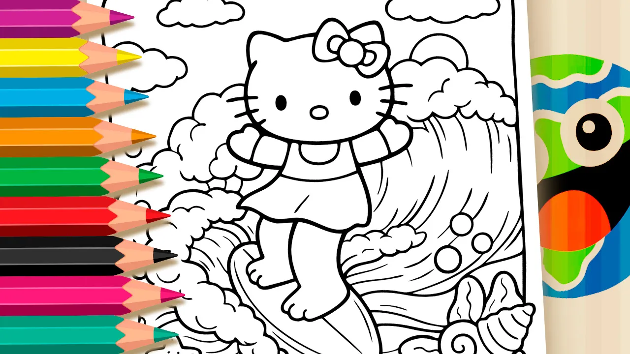 Hello Kitty Surfer Coloring Page: Color Online or Print in High Quality