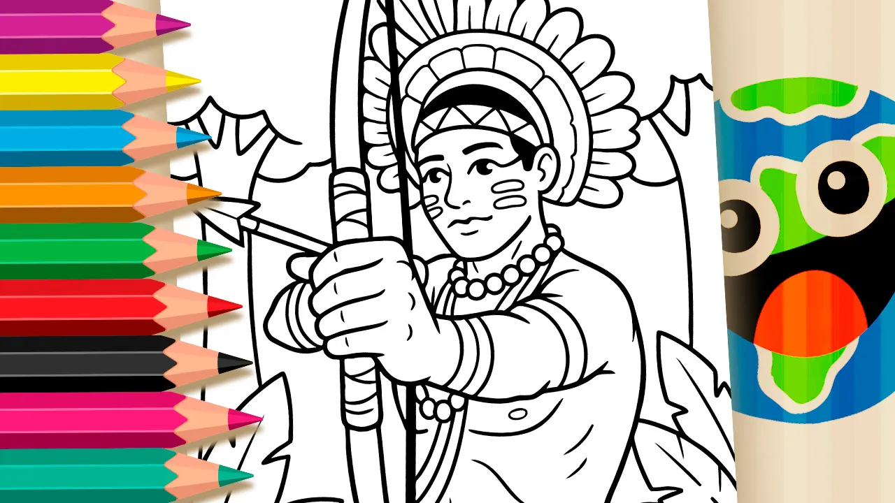 Indigenous culture young warrior holding bow and arrow coloring page black and white outline