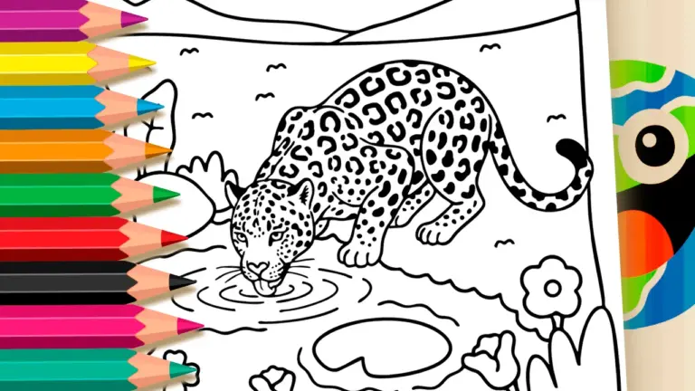 Jaguar Drinking Water Coloring Page: Color Online or Print Free - Nature & Landscape Coloring Pages