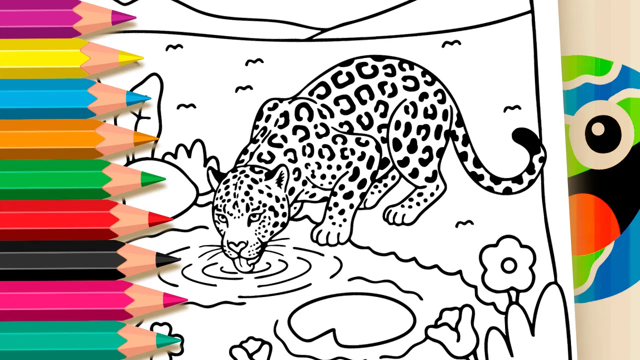 Jaguar Drinking Water Coloring Page: Color Online or Print Free