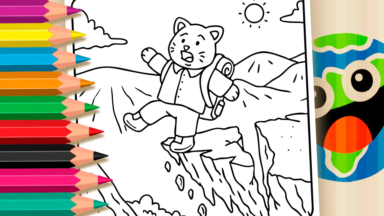 Mountain peak adventure coloring page black and white outline featuring a surprised adventurous kitten balancing on a rocky cliff edge