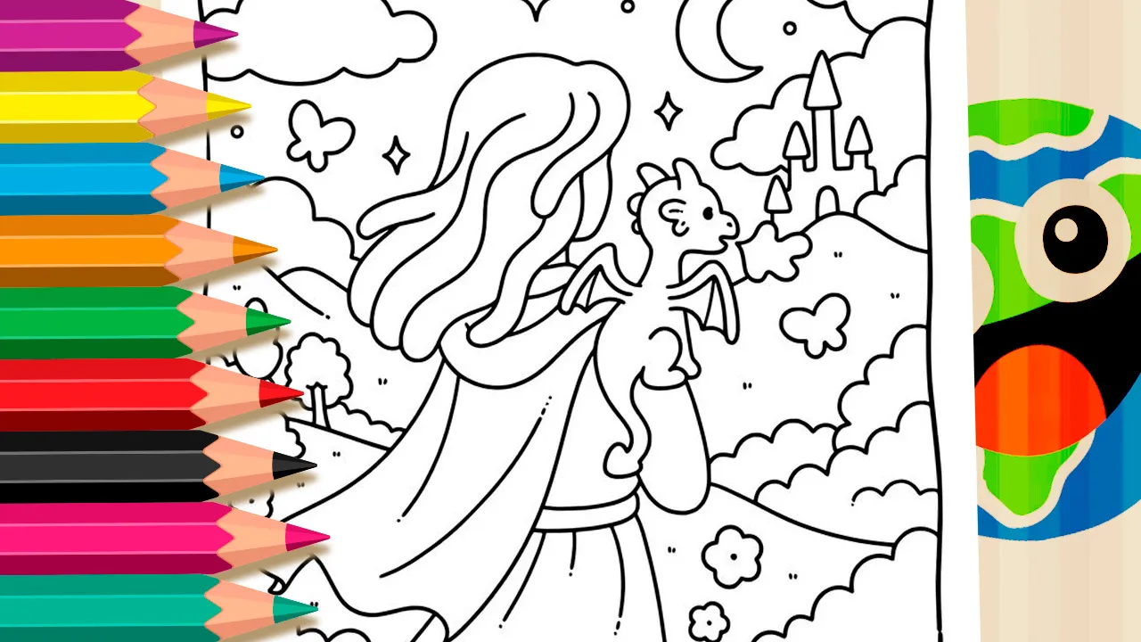 Black and white outline of a charming scene featuring a girl carrying a small dragon on her shoulder, with a magical landscape of hills, trees, and a castle under a crescent moon and sparkling stars coloring page