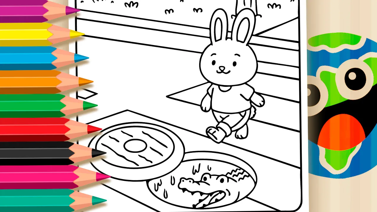 Open manhole cover coloring page showing a cute bunny and a funny crocodile in black and white outline