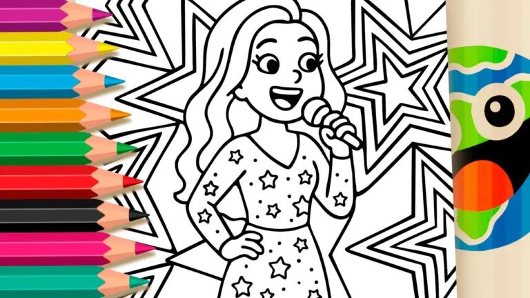 Pop Singer Theme Coloring Page with Stars to Color and Customize - Famous Characters Coloring Pages