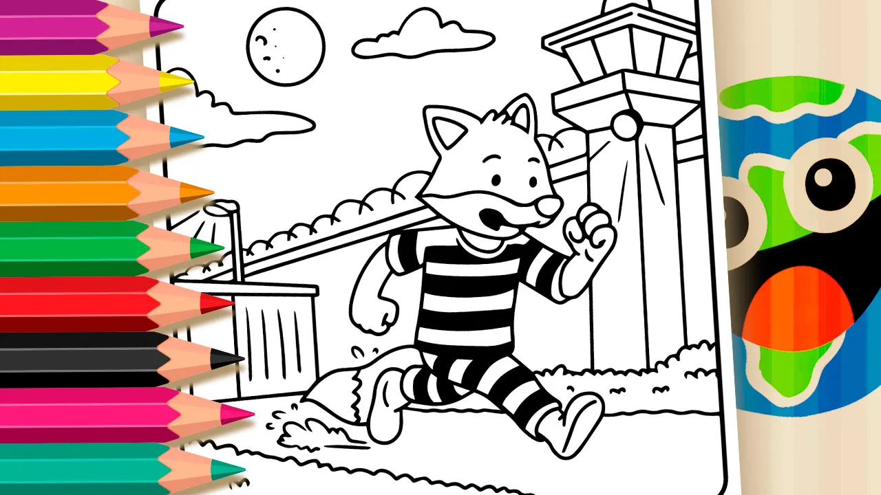 Prison escape coloring page with anthropomorphic fox running and prison watchtower night scene black and white outline