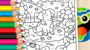 Coloring page Cute Puppy Playing in the Mud - Fun Nature Coloring Page