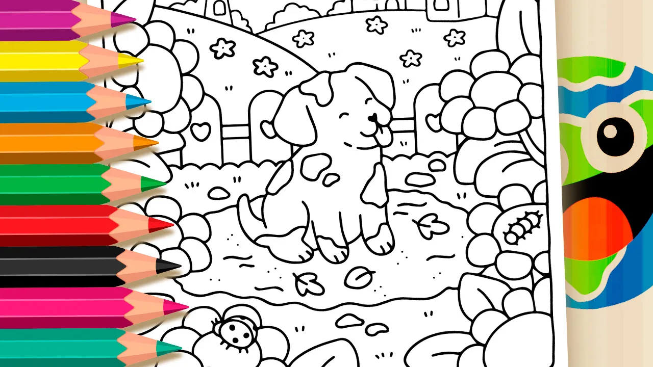 Cute puppy playing in the mud coloring page with black and white line art featuring a playful dog in a nature setting