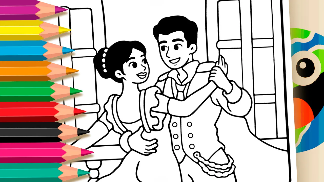 Romantic Couple Dancing Coloring Page: Paint Online or Print PDF