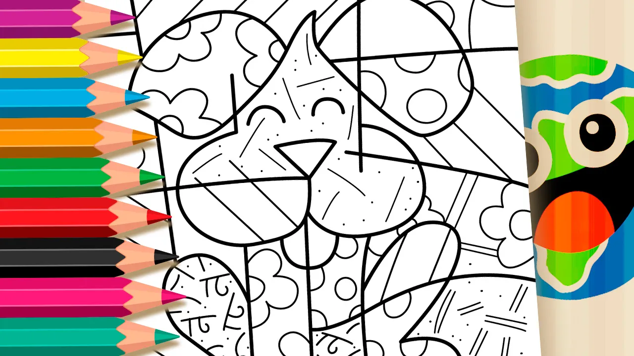 Romero Britto style dog pop art coloring page with bold black outlines and geometric sections