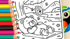 Coloring page Sleeping Bear and Bees Nature Coloring Page: Paint Online or Print Free PDF