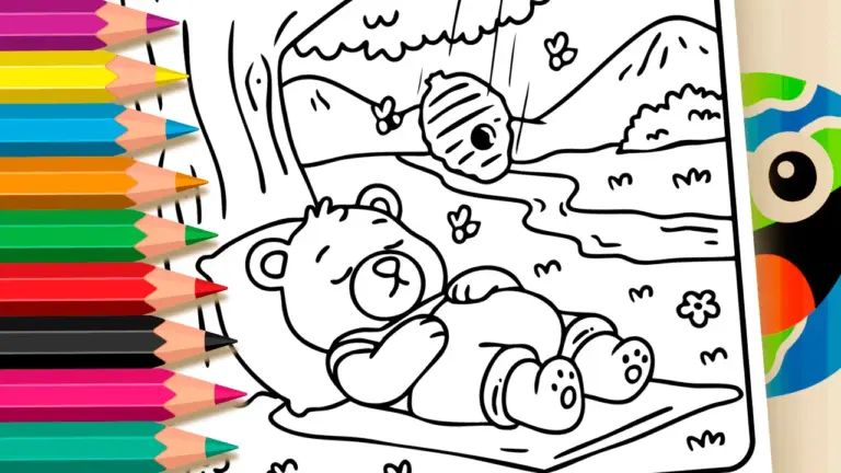 Sleeping Bear and Bees Nature Coloring Page: Paint Online or Print Free PDF - Cute & Kawaii Coloring Pages Online