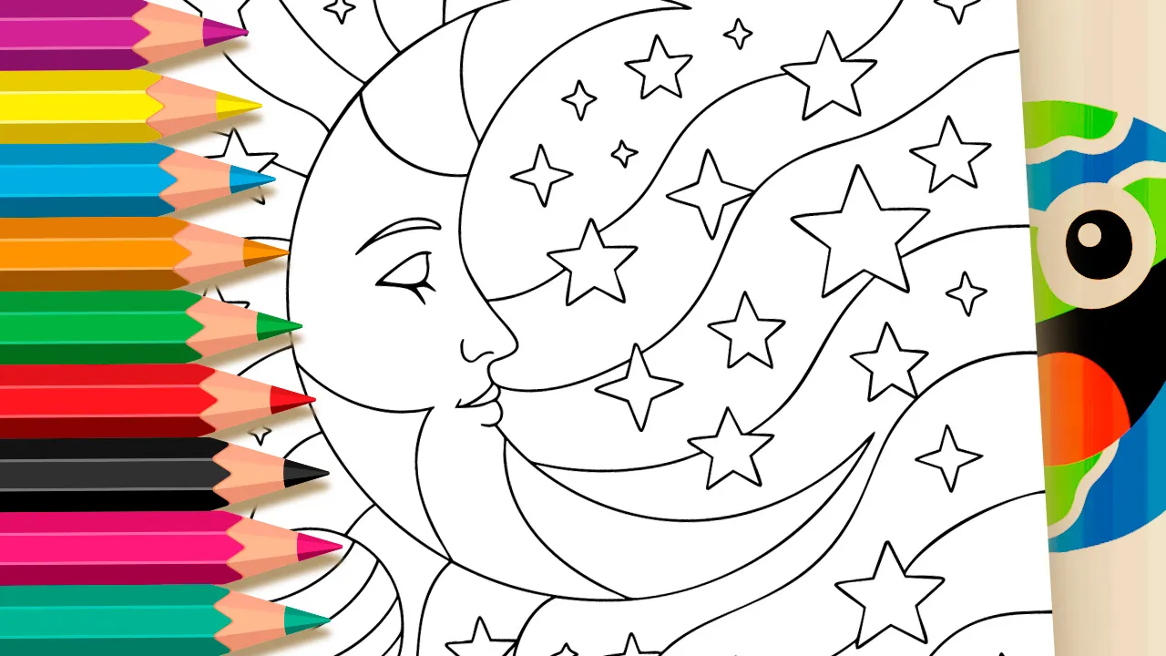 Sleeping crescent moon surrounded by planets and stars celestial space coloring page black and white outline