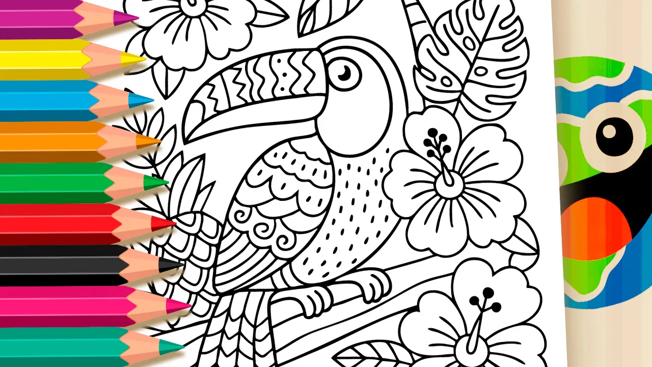Tropical garden toucan coloring page with intricate black and white outline featuring a toucan on a branch surrounded by hibiscus flowers, monstera leaves, palm trees and textured pineapple