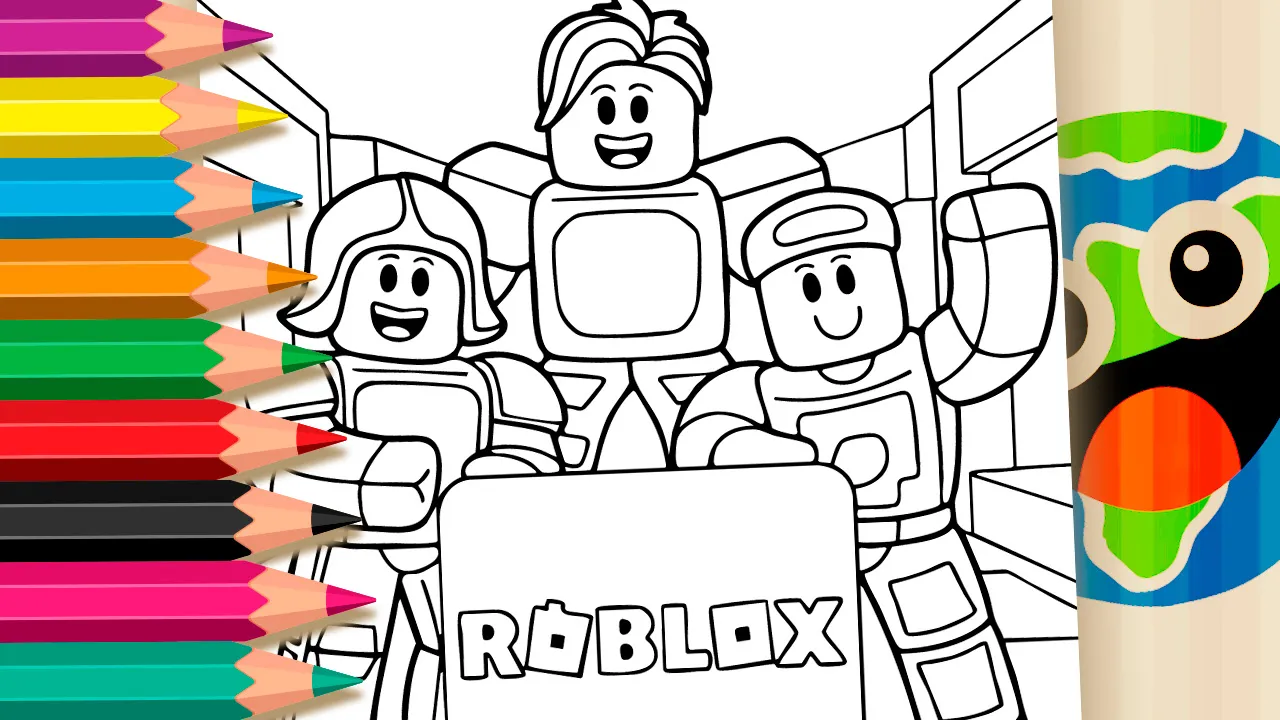Welcome to Roblox coloring page with smiling avatars holding a community symbol sign black and white outline