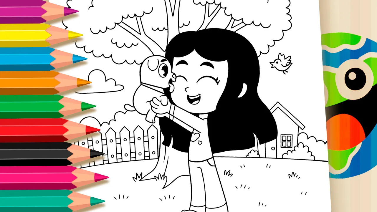 Ana Castela hugging a cute puppy coloring page black and white outline for kids and fans