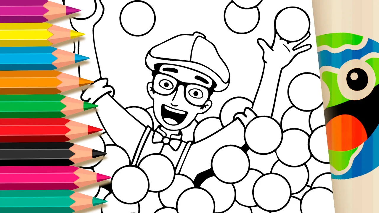 Blippi playing in a ball pit coloring page black and white outline for kids