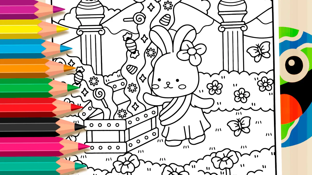 The Bunny and the Sweet Treasure coloring page with black and white outline featuring a cute bunny and a treasure chest full of candies and sweets