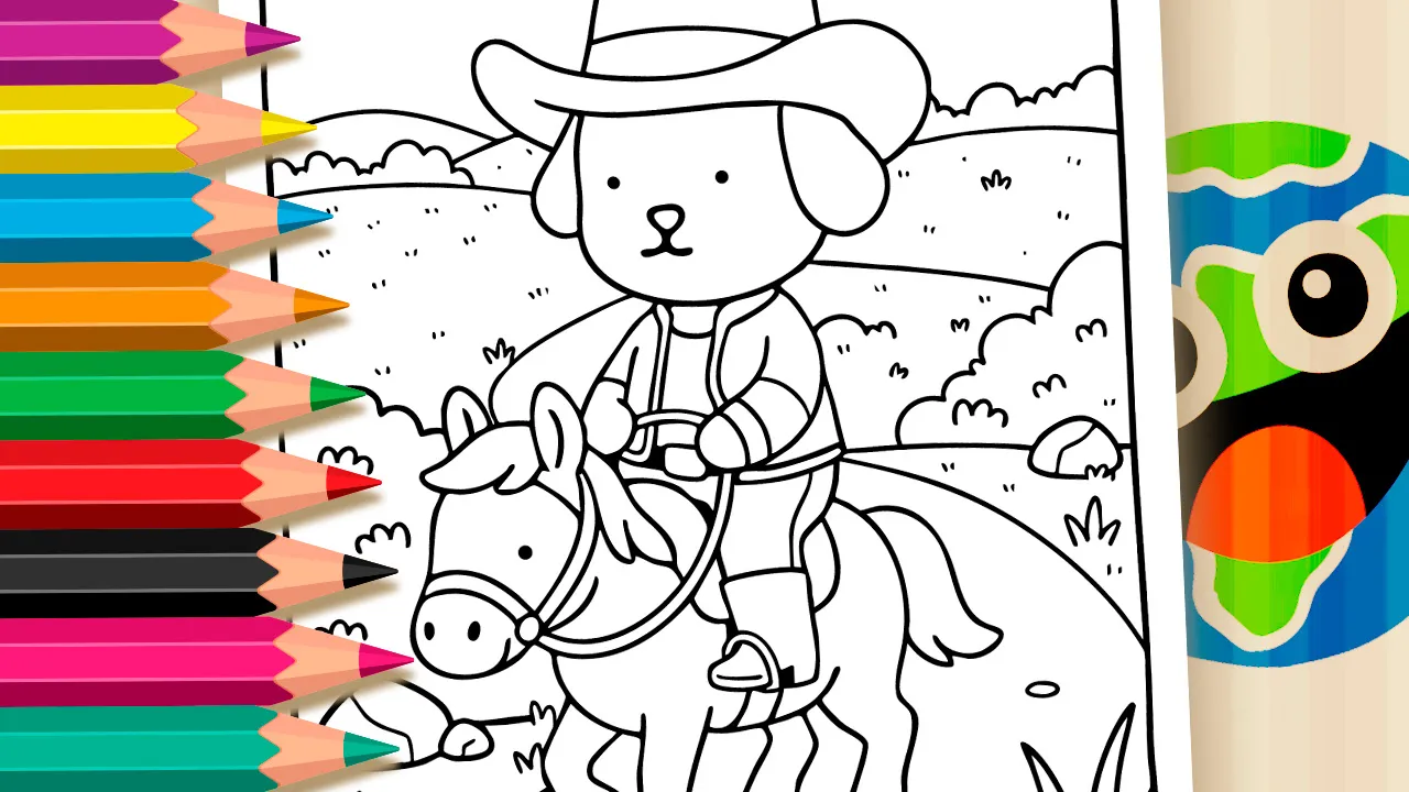 Country path with a cute cowboy puppy and horse coloring page black and white outline