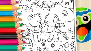 Coloring page Cute Bear and Puppy Surprise Theme Coloring Page