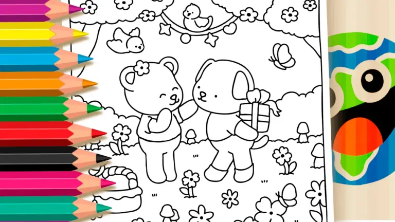 Cute Bear and Puppy Surprise Theme Coloring Page - Cute & Kawaii Coloring Pages Online