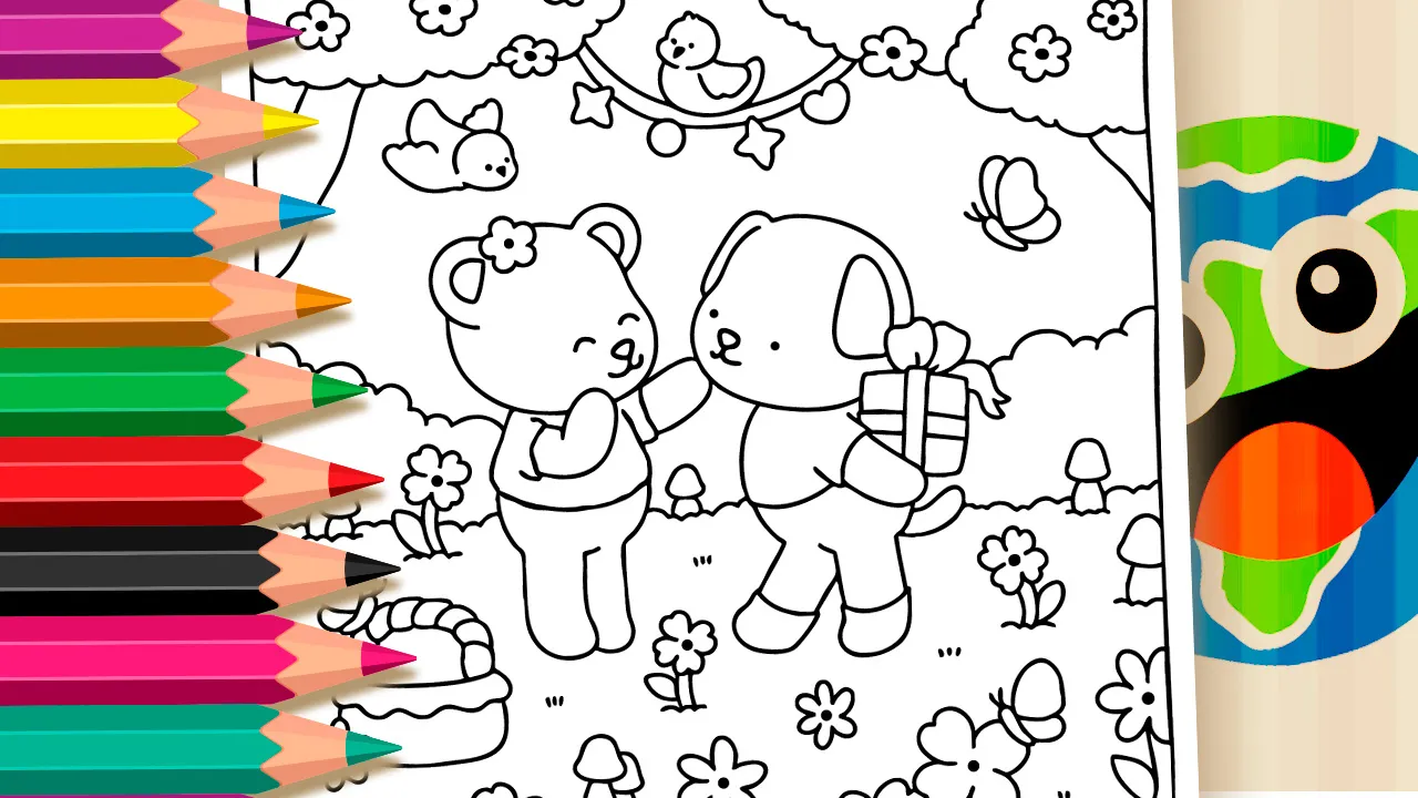 Cute Bear and Puppy Surprise Theme Coloring Page