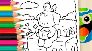 Coloring page Cute Puppy Reading Book Coloring Page