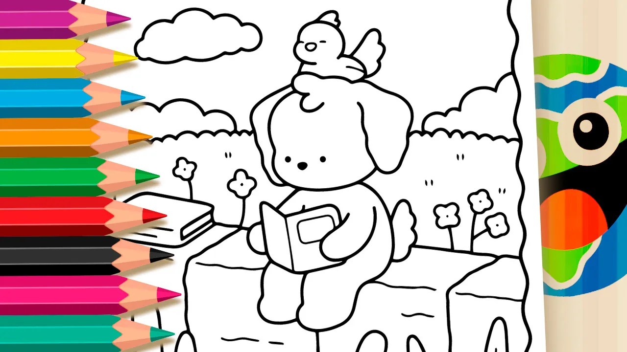 Cute puppy sitting on a stone wall reading a book coloring page black and white outline with a small bird on its head