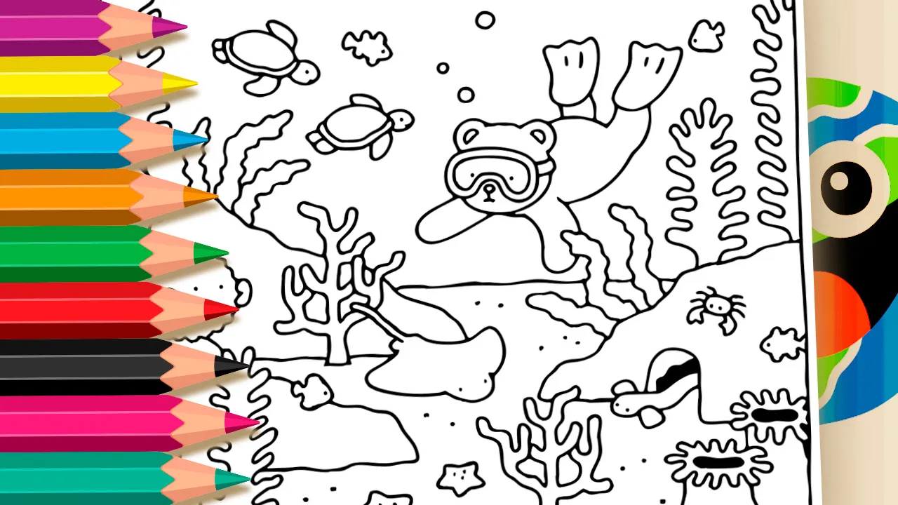 Diving Bear Coloring Page in Bobbie Goods Style – Free Mobile Coloring