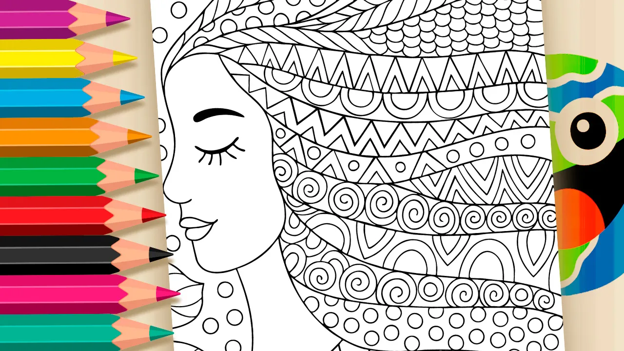 Dreams of a Girl coloring page featuring a peaceful young woman with closed eyes surrounded by magical waves, triangles, and spirals in black and white outline