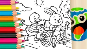 Coloring page Duck and Bunny in a Wheelchair Coloring Pages