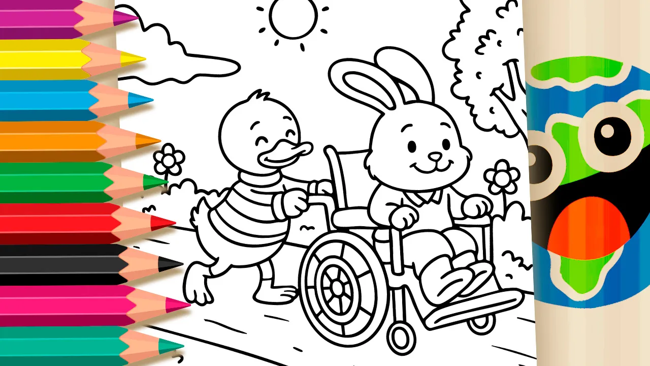 Duck pushing a bunny in a wheelchair coloring page black and white outline