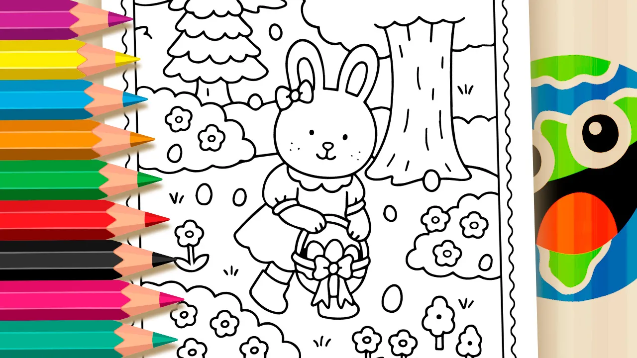 Easter Bunny Girl on an Egg Hunt coloring page black and white outline for kids