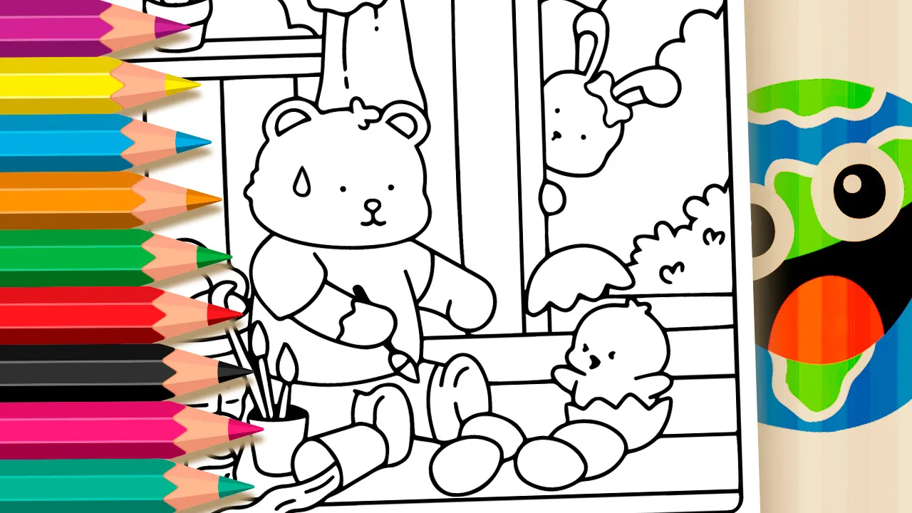 Teddy bear with an Easter surprise egg coloring page black and white outline
