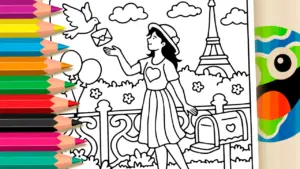 Coloring page Paris Letter Coloring Page: Girl and Bird Scene