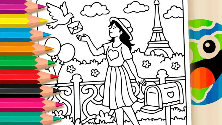 Paris Letter Coloring Page: Girl and Bird Scene - Culture & Holiday Coloring Pages